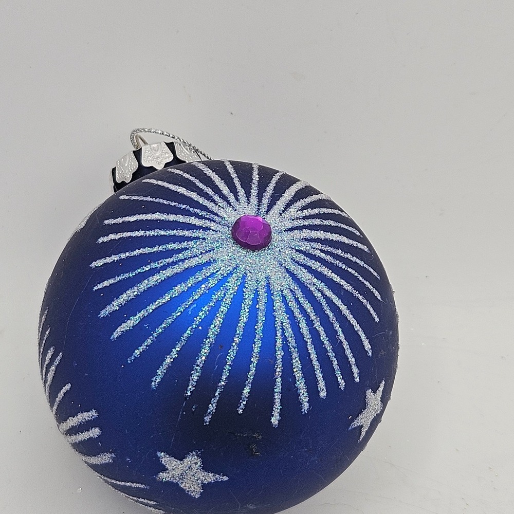Vintage Blue Glass Christmas Ball Ornament Glitter Starburst‎ Purple Jewel